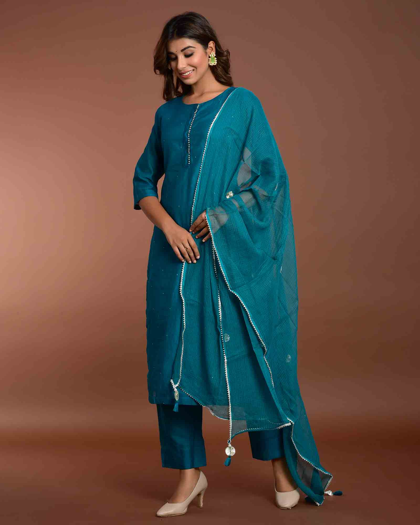 TEAL BLUE CHANDERI SUIT SET - Image 5