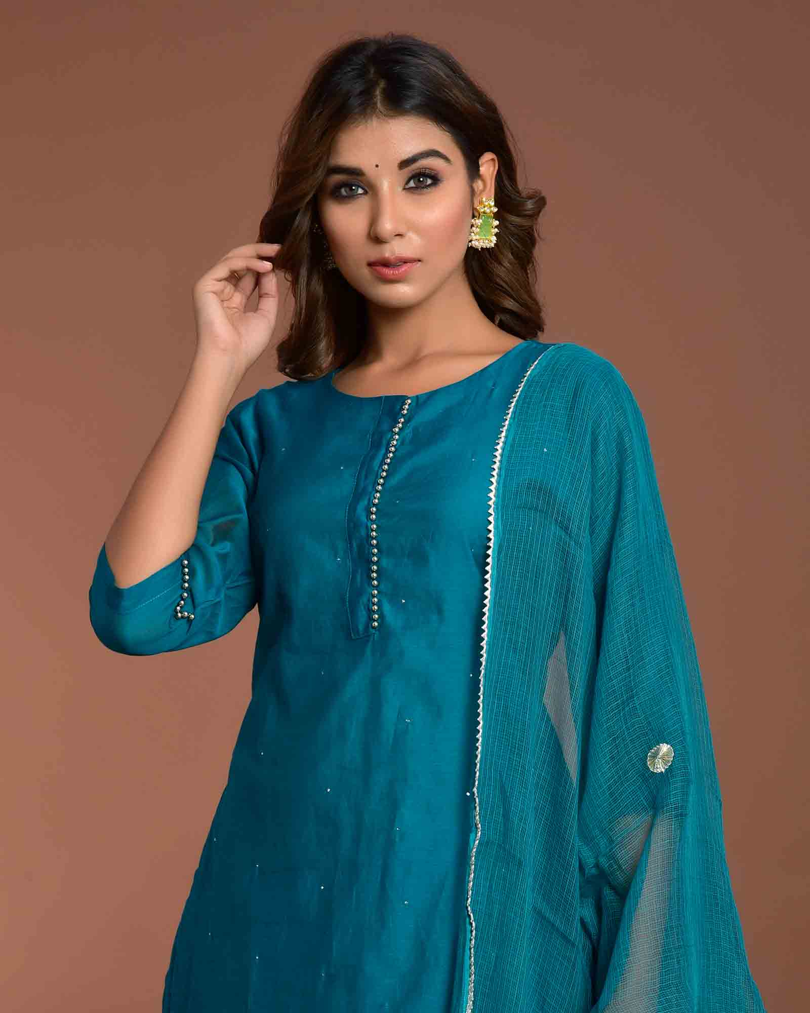TEAL BLUE CHANDERI SUIT SET - Image 6