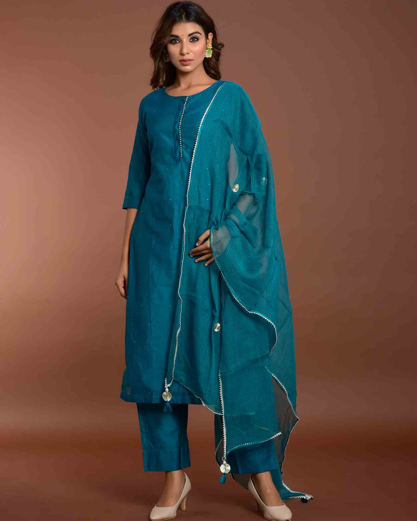 TEAL BLUE CHANDERI SUIT SET - Image 7
