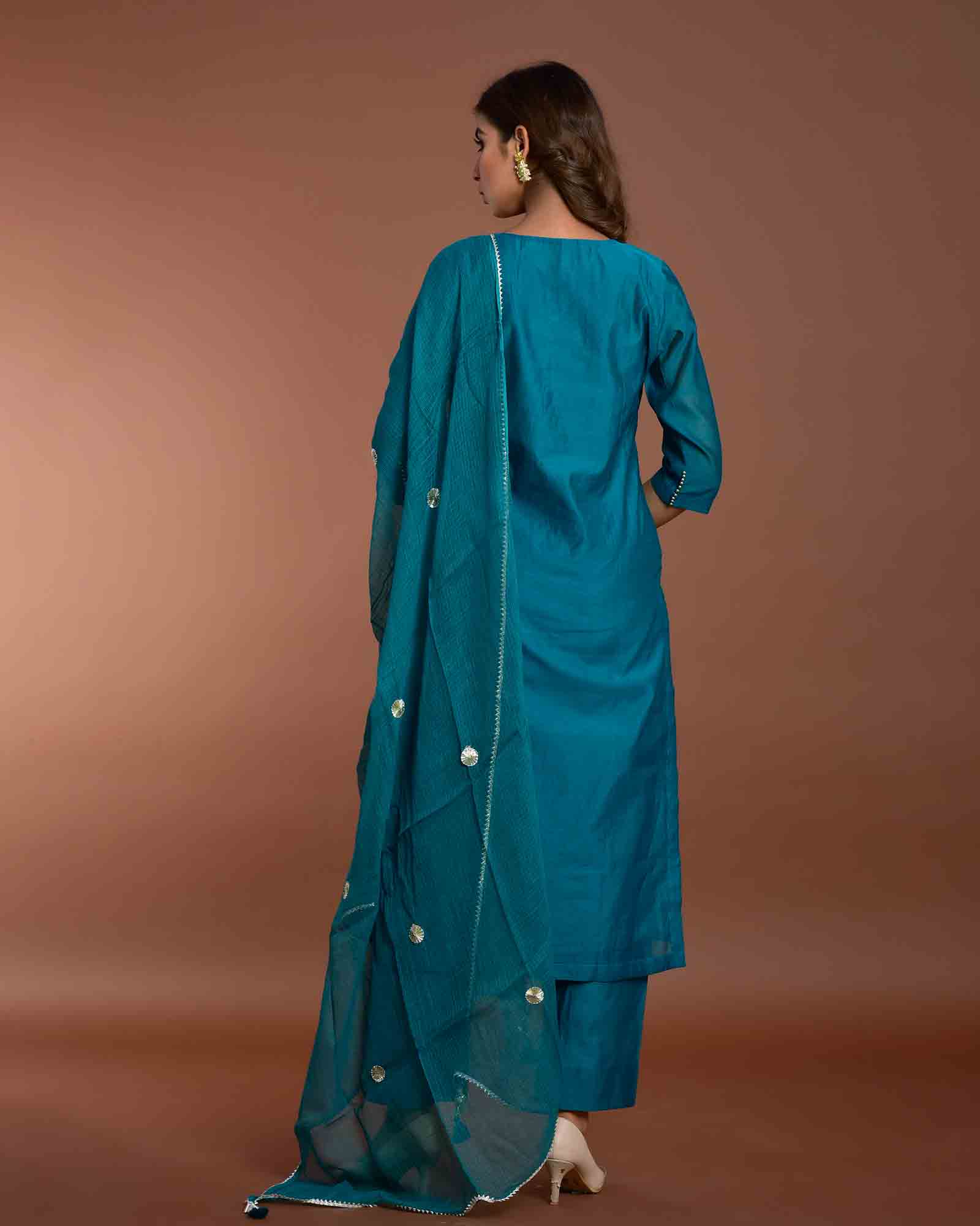 TEAL BLUE CHANDERI SUIT SET - Image 8