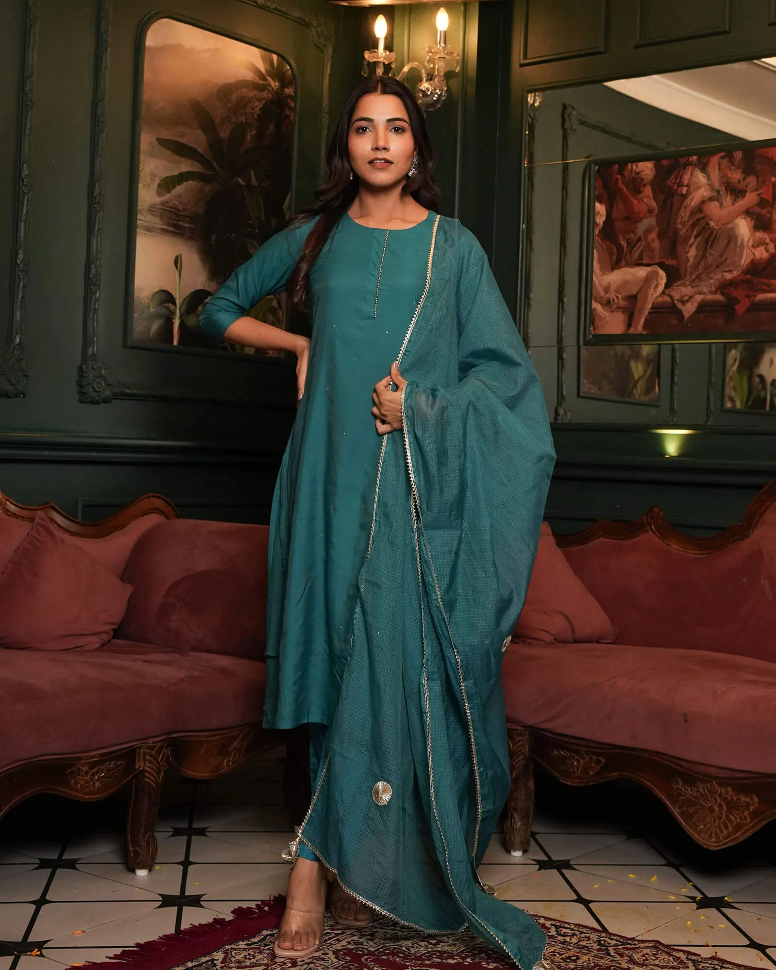 TEAL BLUE CHANDERI SUIT SET - Image 9
