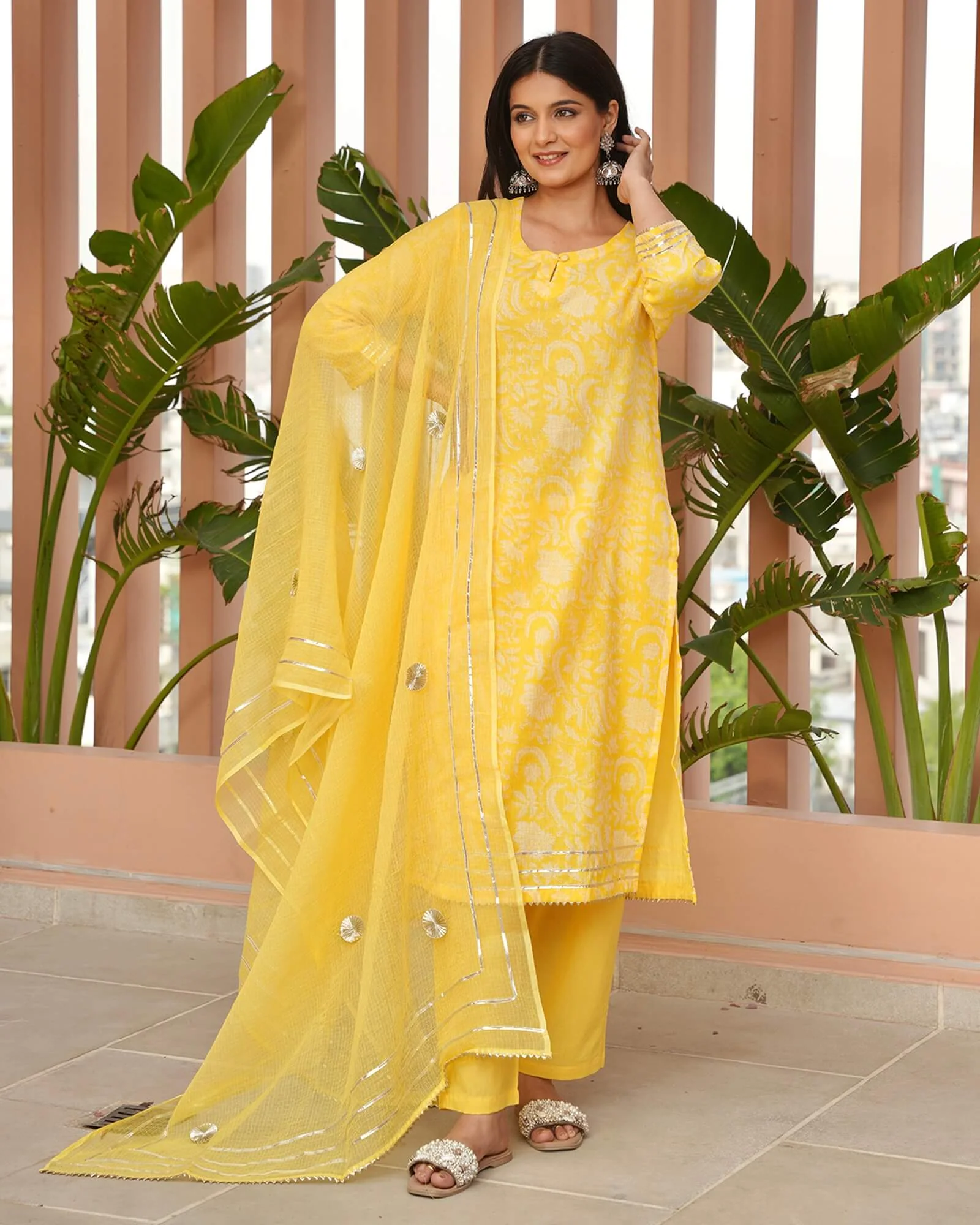 VIBRANT YELLOW HANDBLOCK KOTA DORIA SUIT SET WITH GOTTA WORK - Image 5