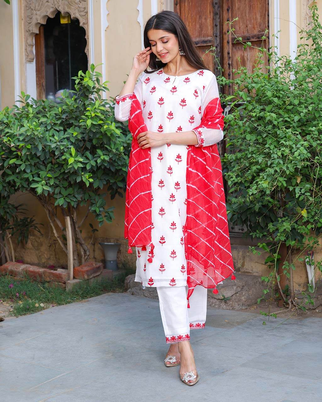 WHITE & RED KOTA DORIA SUIT WITH LEHERIYA DUPATTA - Image 3