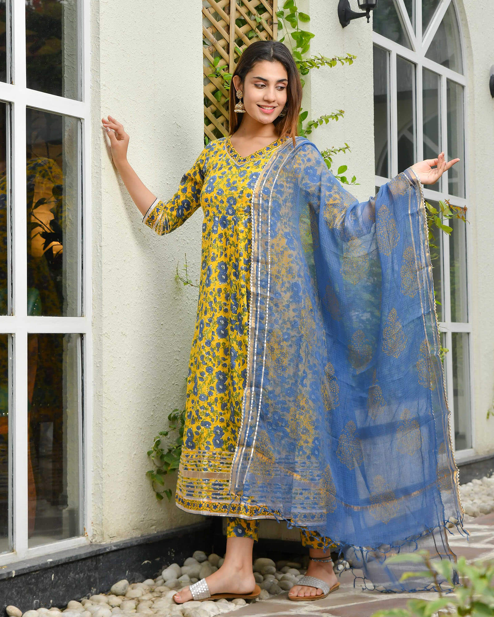 YELLOW & BLUE FLORAL PRINT HANDBLOCK ANARKALI - Image 3