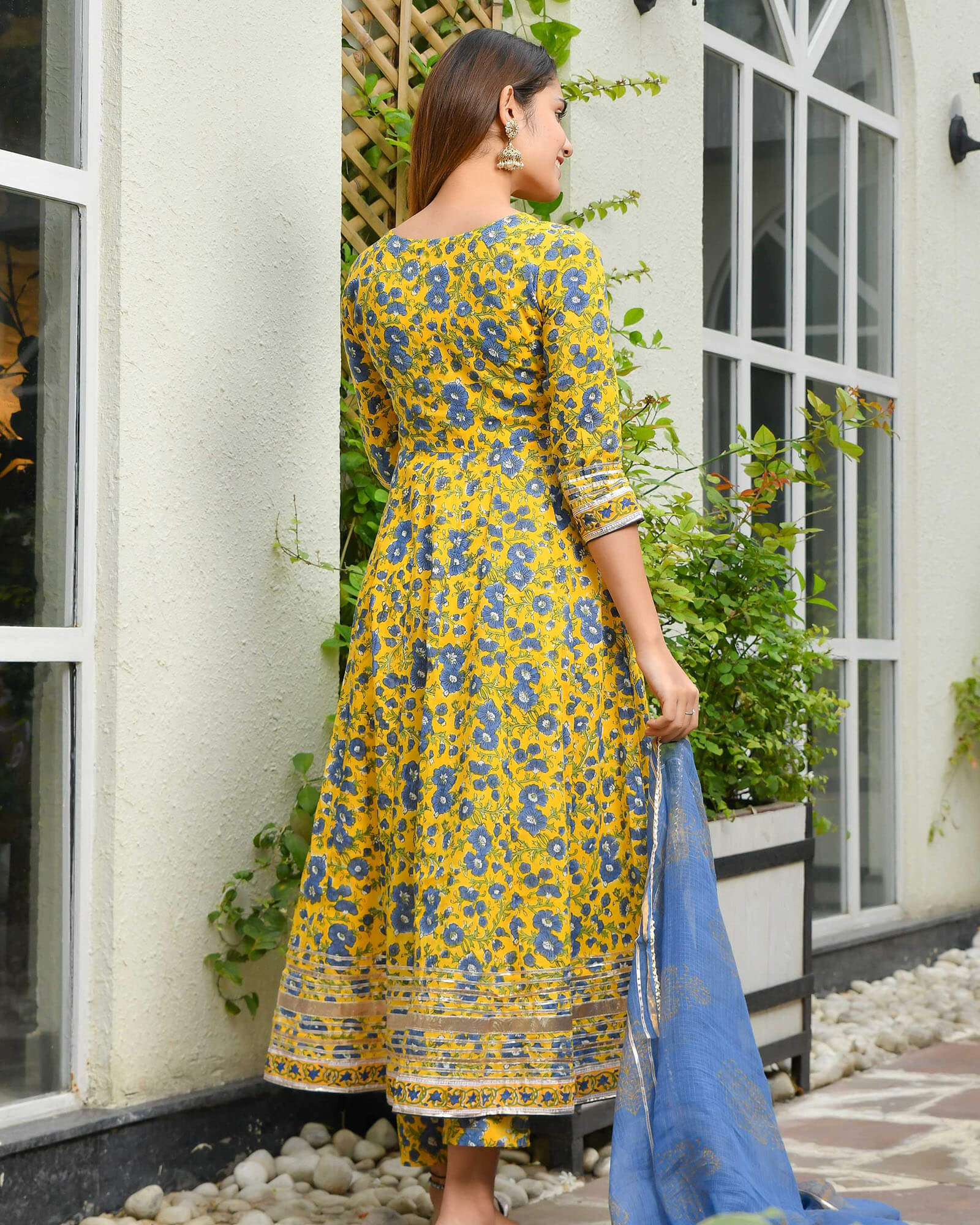 YELLOW & BLUE FLORAL PRINT HANDBLOCK ANARKALI - Image 4