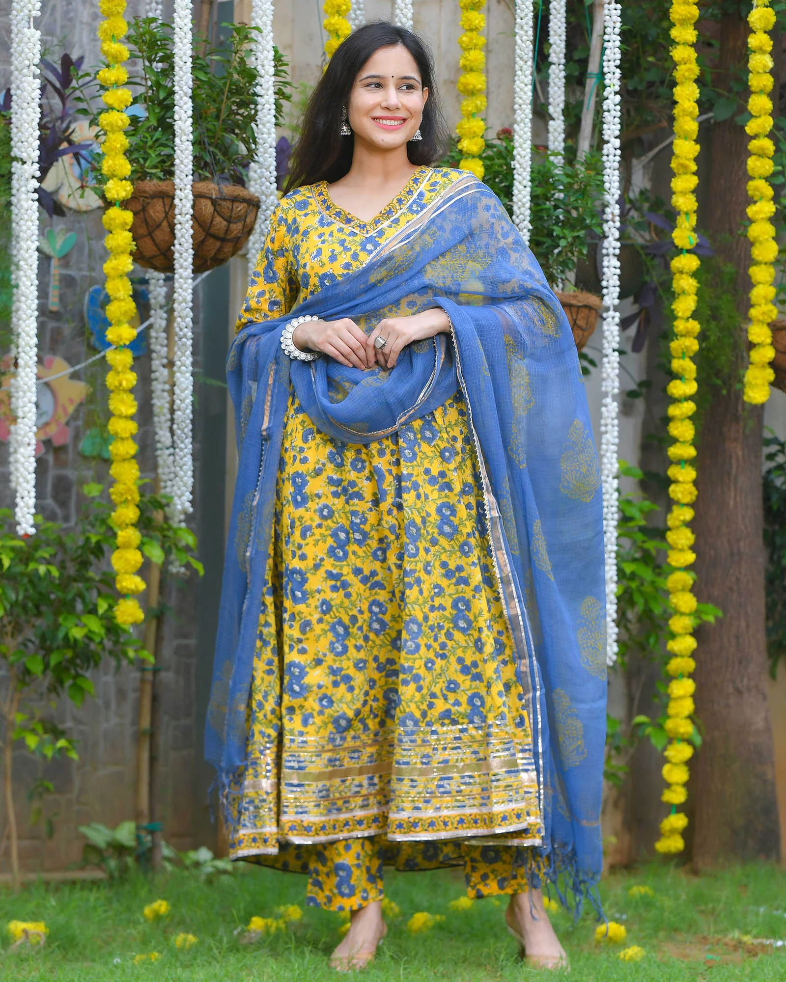 YELLOW & BLUE FLORAL PRINT HANDBLOCK ANARKALI - Image 5