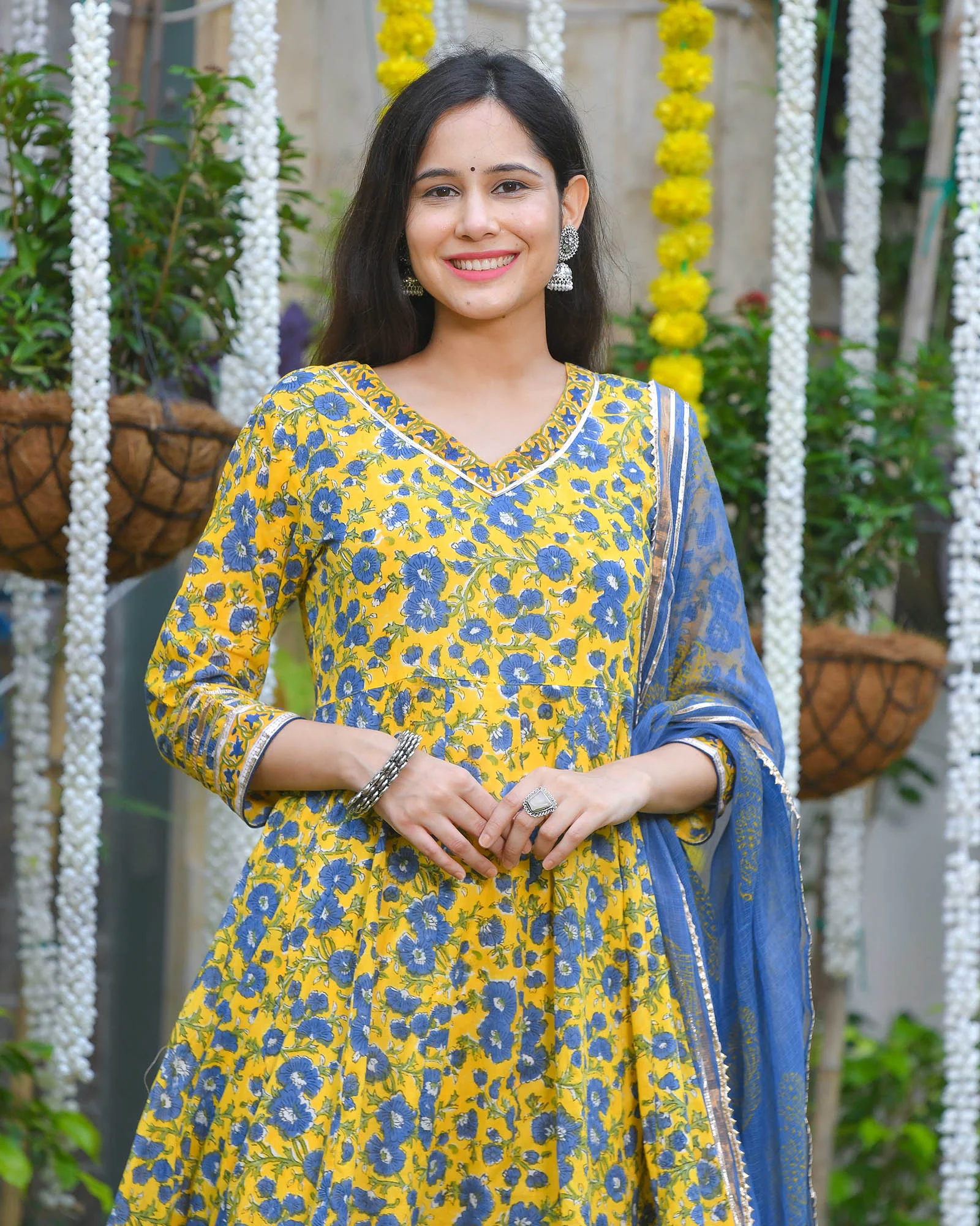 YELLOW & BLUE FLORAL PRINT HANDBLOCK ANARKALI - Image 6