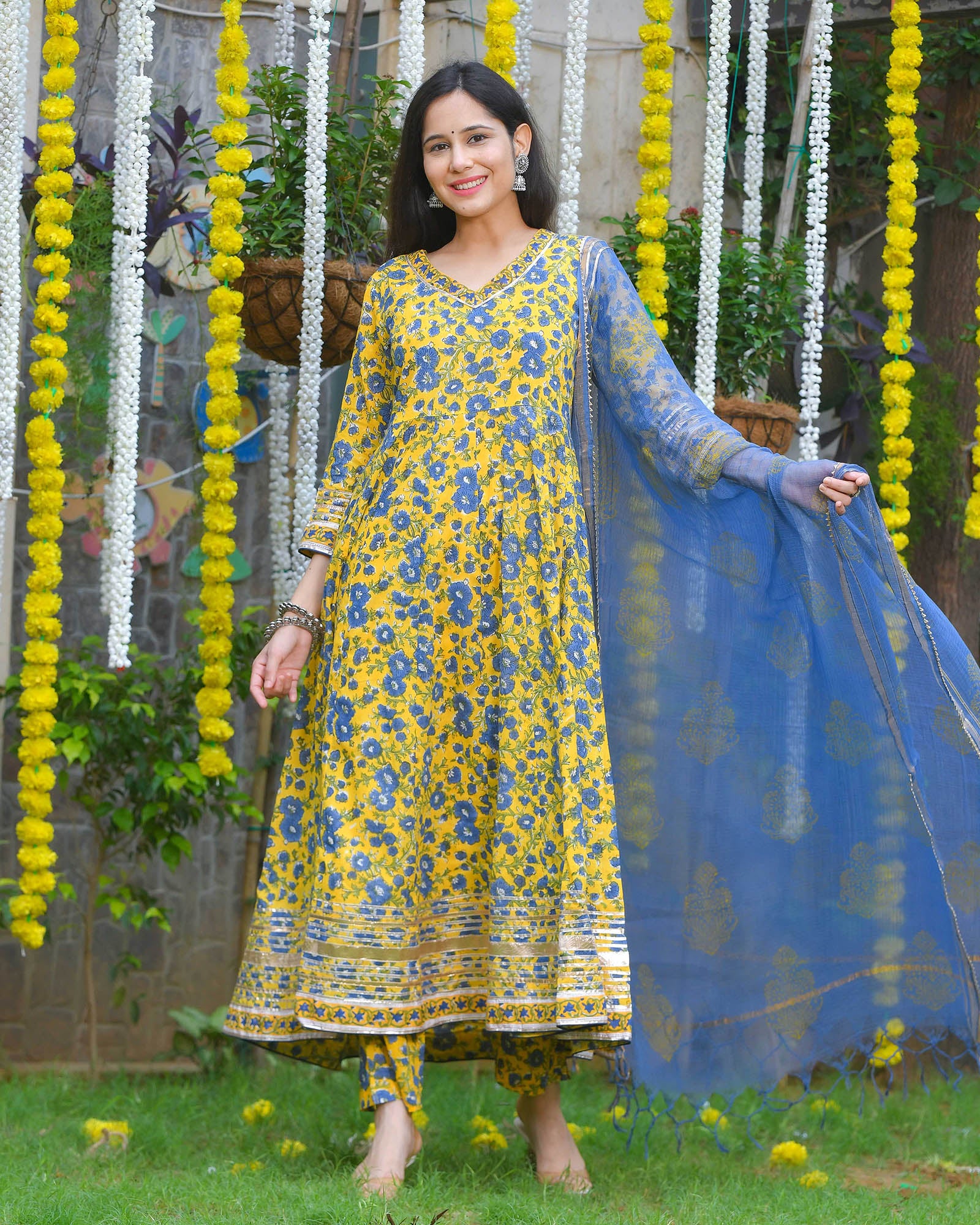 YELLOW & BLUE FLORAL PRINT HANDBLOCK ANARKALI - Image 7