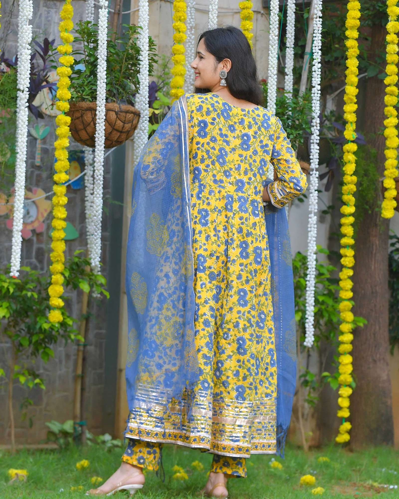 YELLOW & BLUE FLORAL PRINT HANDBLOCK ANARKALI - Image 8