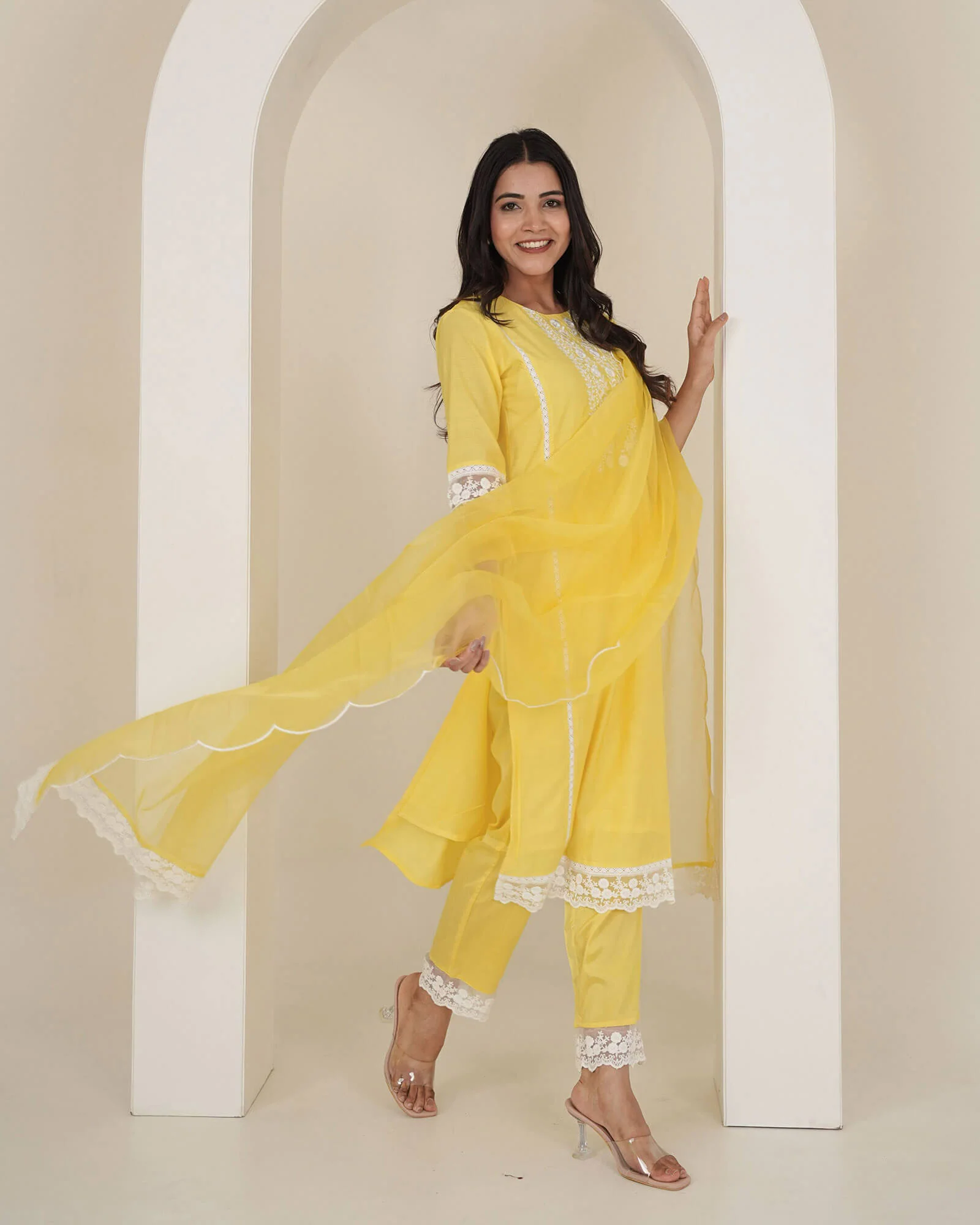 YELLOW CHANDERI SUIT SET WITH LACE WORK - Image 8