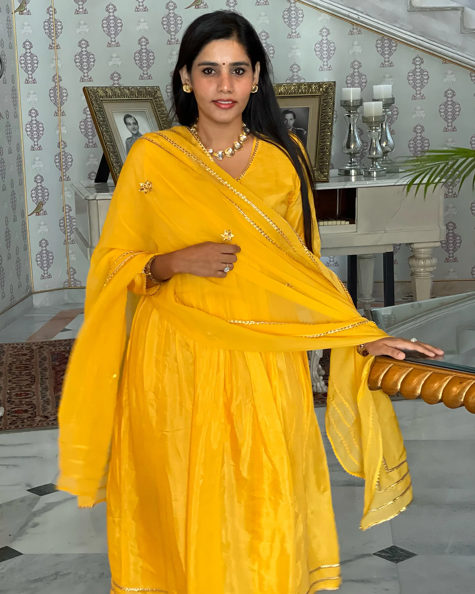 YELLOW SHANTUNG ANARKALI SET WITH GOTA WORK - Image 3