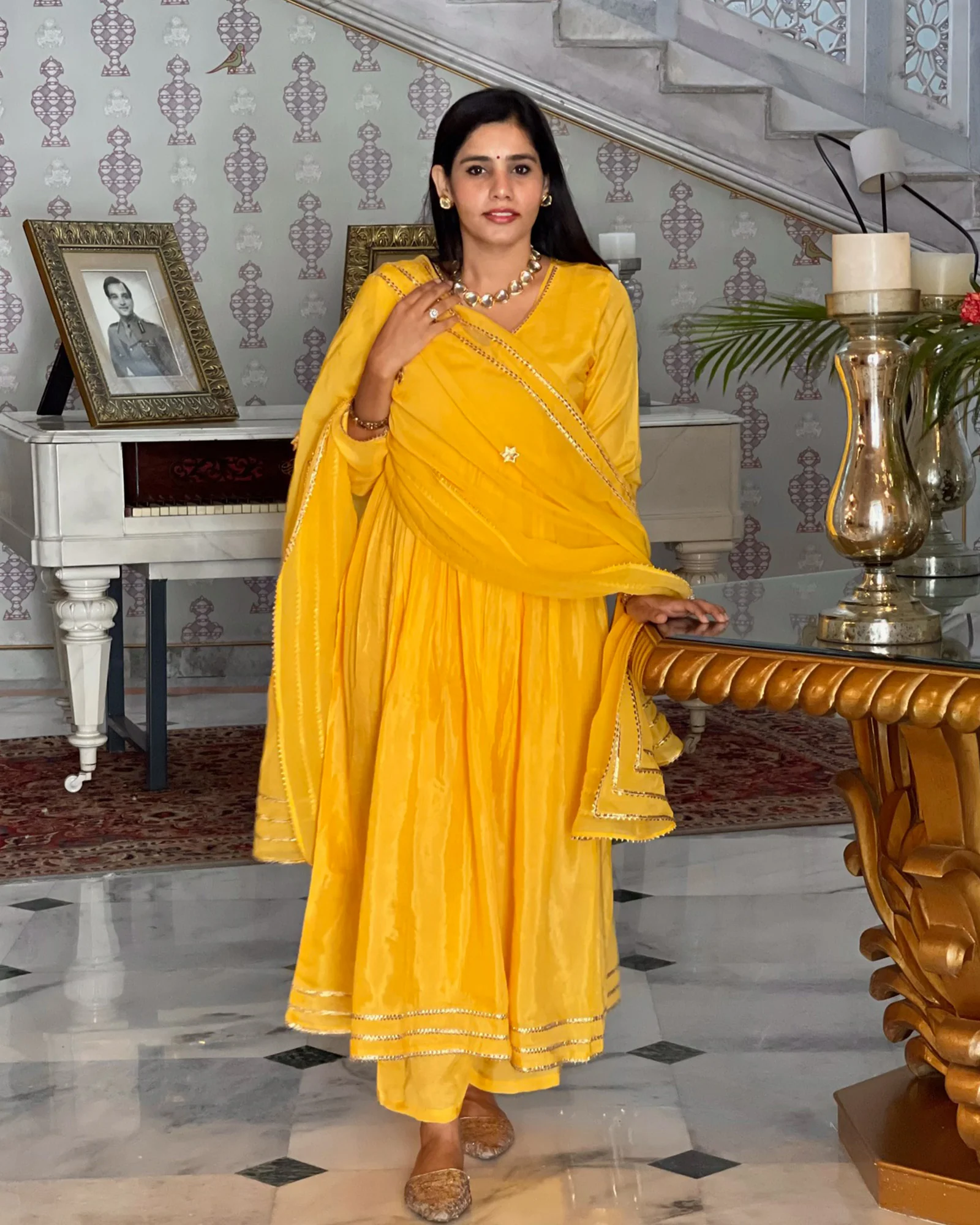 YELLOW SHANTUNG ANARKALI SET WITH GOTA WORK - Image 4