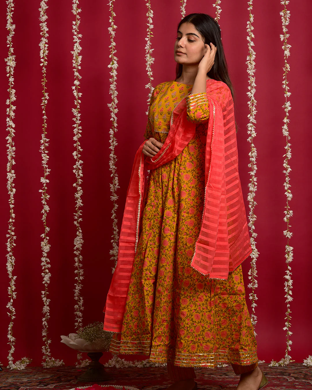 YELLOW & ORANGE ANARKALI SUIT SET - Image 4