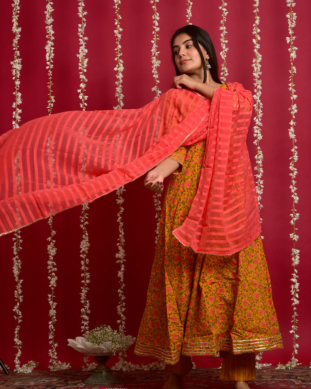 YELLOW & ORANGE ANARKALI SUIT SET - Image 6