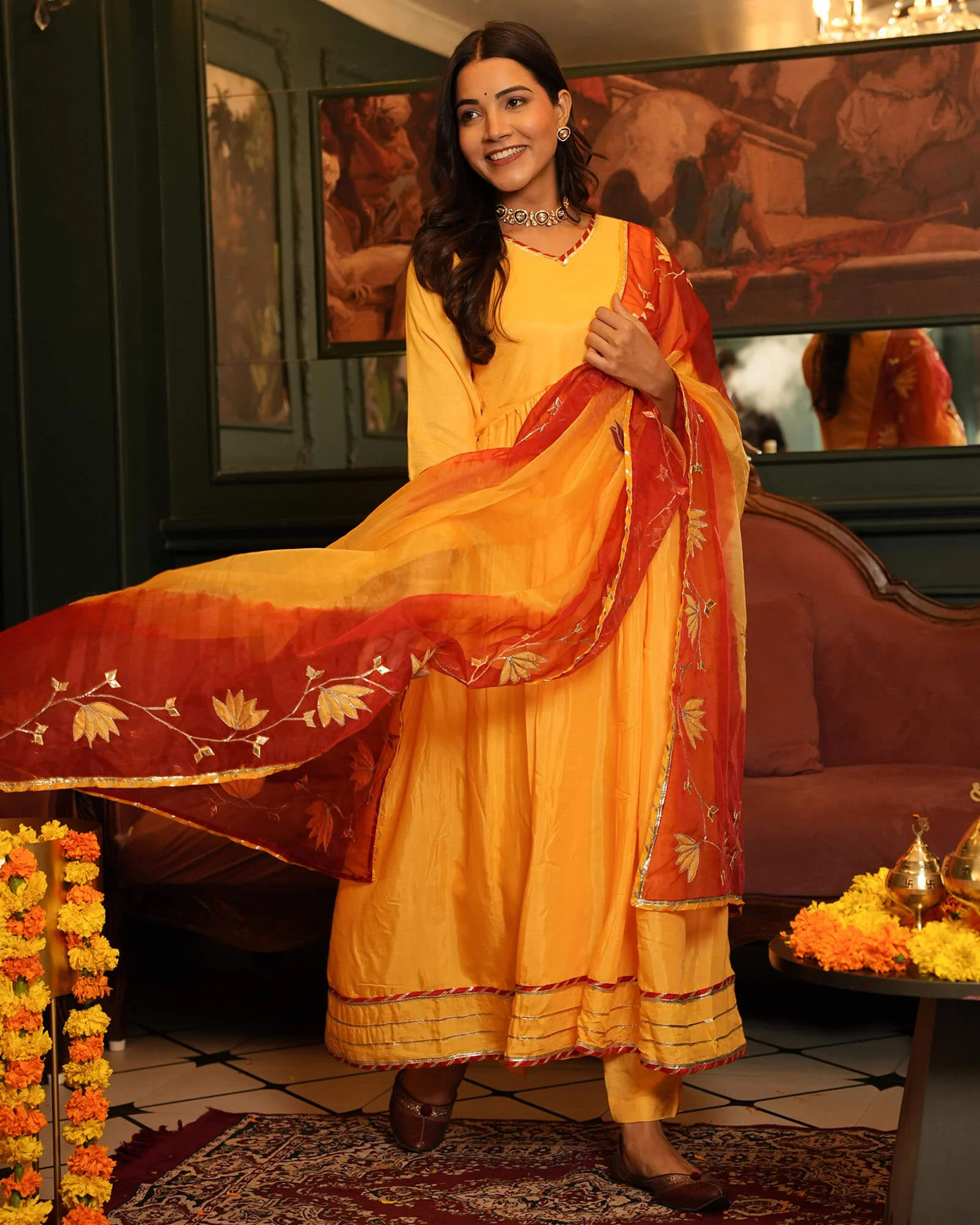 YELLOW SHANTUNG ANARKALI SUIT SET - Image 3