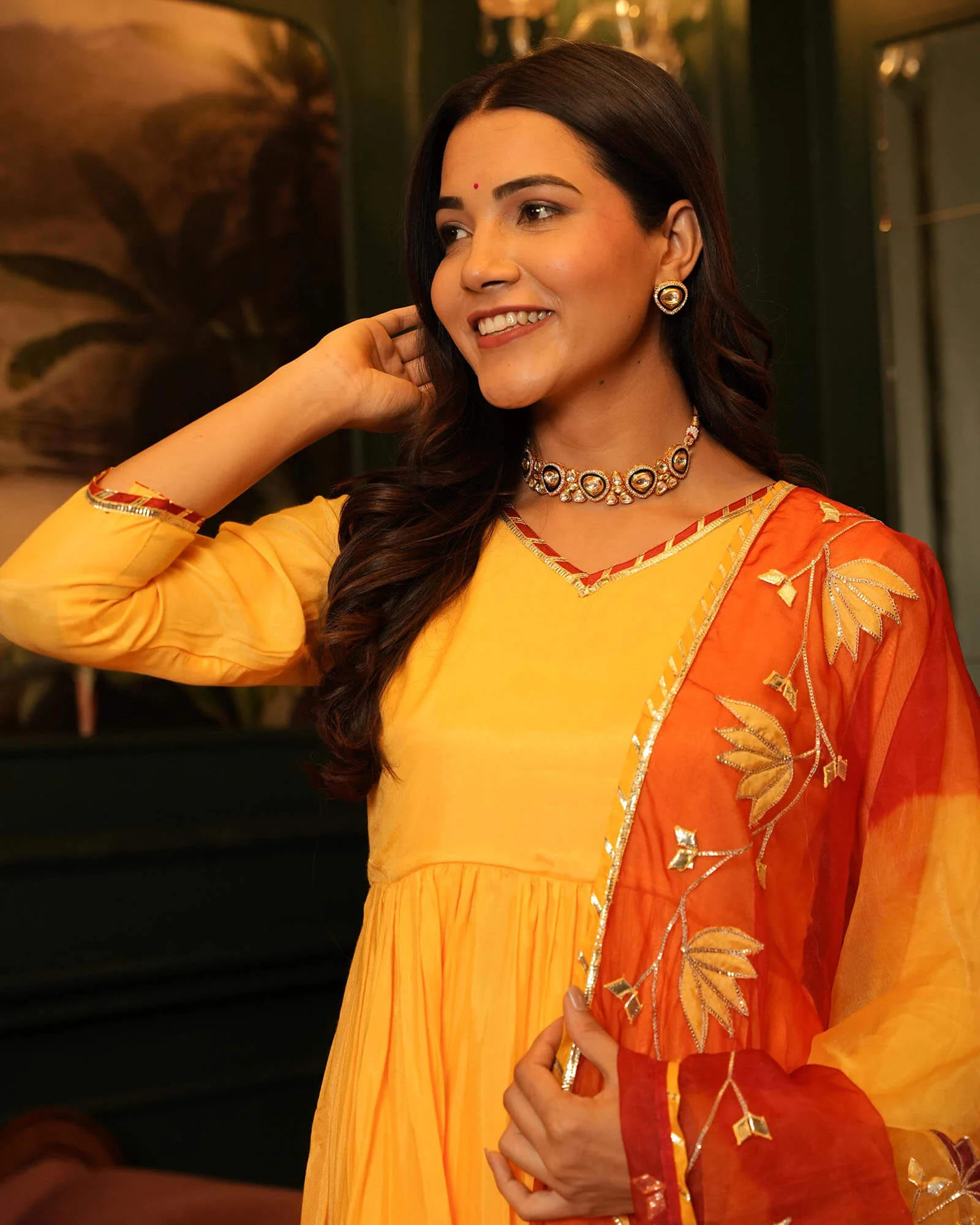 YELLOW SHANTUNG ANARKALI SUIT SET - Image 4